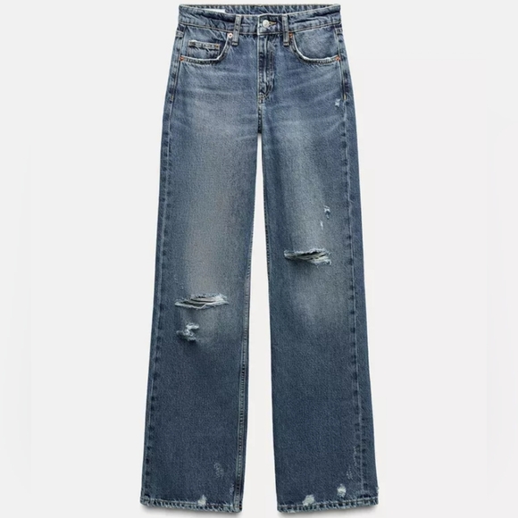 Zara Denim - Zara Blue Flare Wide Leg Jeans with Distressed Details